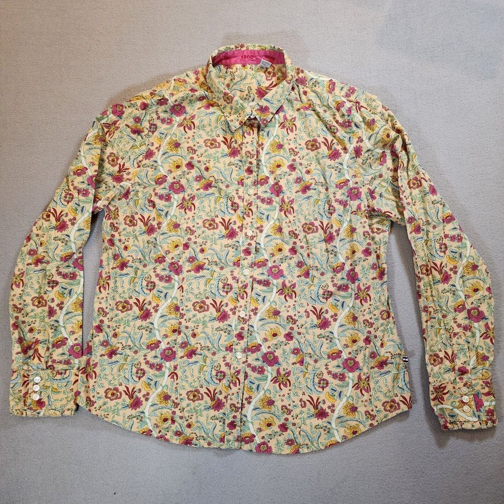IZOD Womens Floral Design Long Sleeve Button Blouse Shirt Top Size‎ PXL